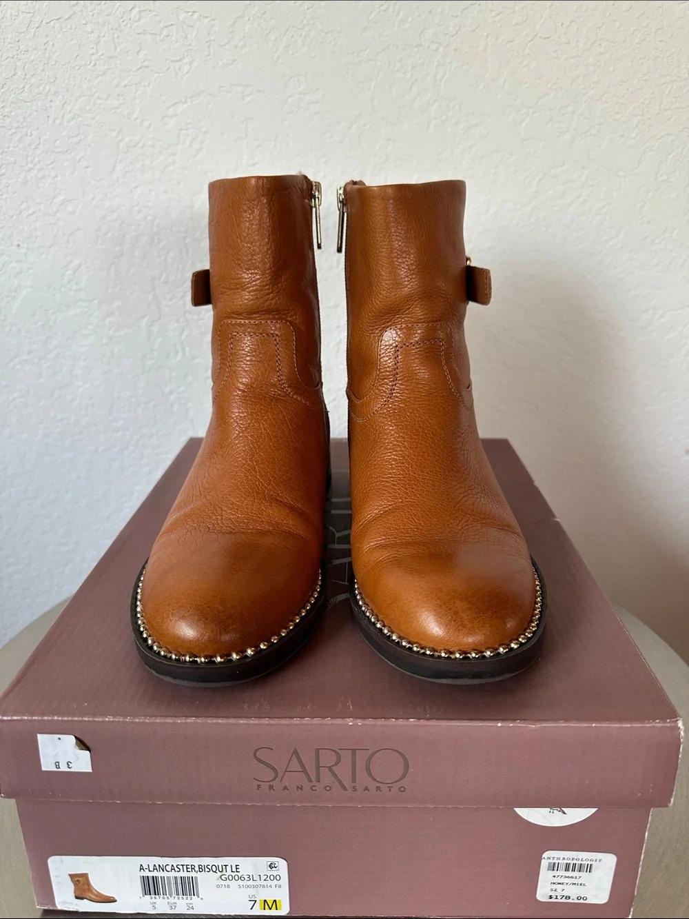 Franco Sarto Cognac Leather Ankle Boots with Buckle
